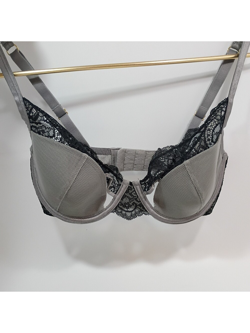 Adore Me 30DDD Bra Grey Mesh Peak-a-boo Padded PushUp Plunge Lace Trim Underwire